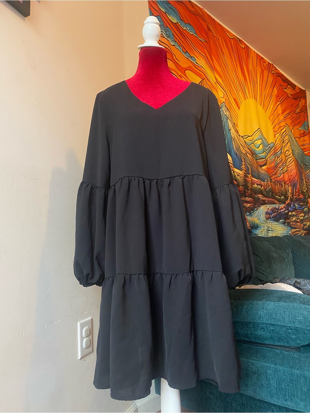 Black V-Neck Tiered Balloon Sleeve Dress